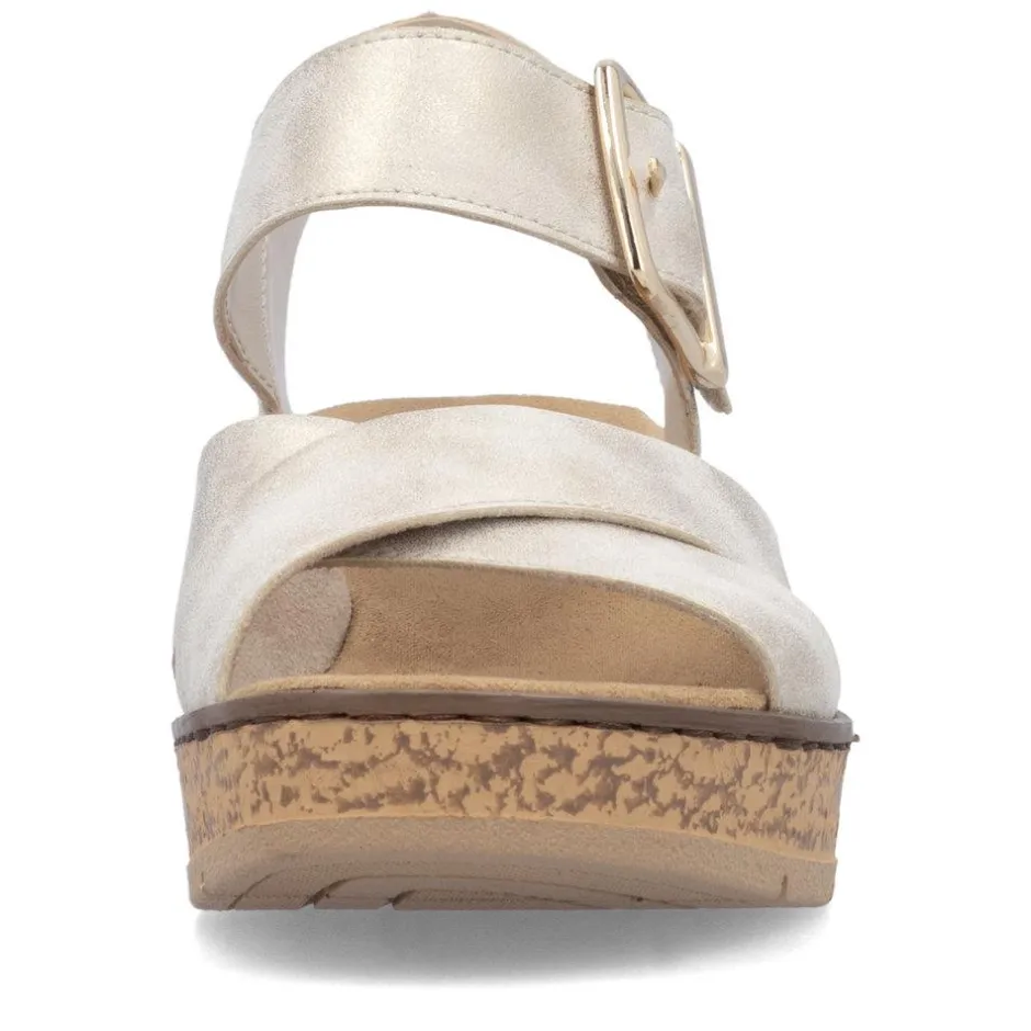 Women Rieker Velcro Cross Strap Wedge Sandal - Beige Metallic