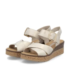 Women Rieker Velcro Cross Strap Wedge Sandal - Beige Metallic