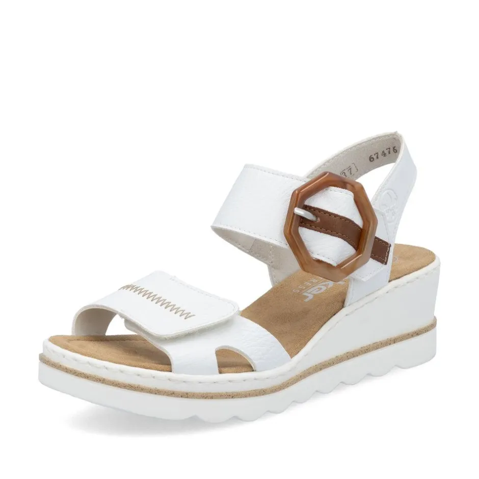 Women Rieker 2 Velcro Strap Wedge Sandal - White Tan