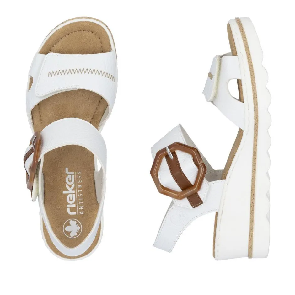 Women Rieker 2 Velcro Strap Wedge Sandal - White Tan
