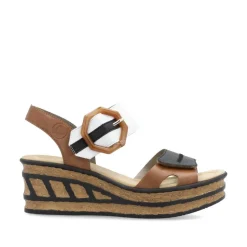 Women Rieker Velcro Strap Wedge Sandal - Tan White Black