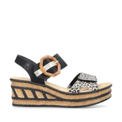 Women Rieker Velcro Strap Wedge Sandal - Black Leopard