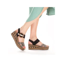 Women Rieker Velcro Strap Wedge Sandal - Black Leopard