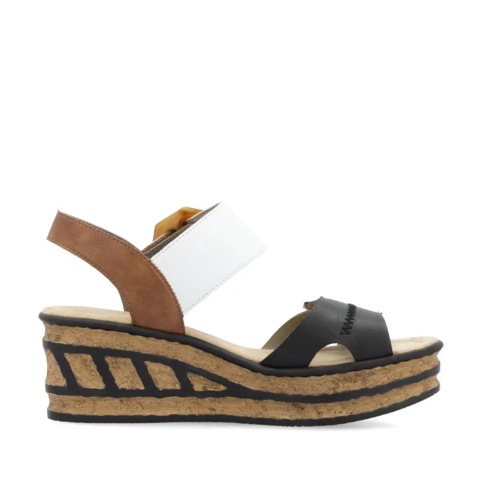 Women Rieker Velcro Strap Wedge Sandal - Tan White Black