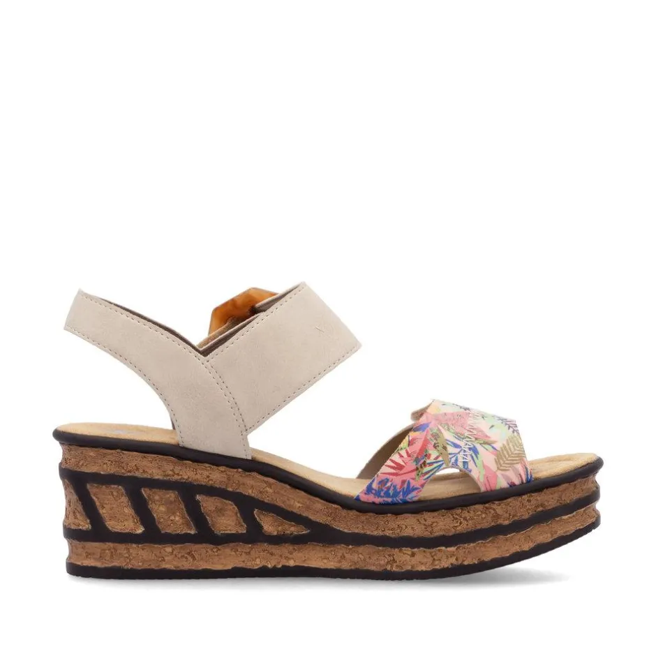 Women Rieker Velcro Strap Wedge Sandal - Taupe Print