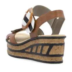 Women Rieker Velcro Strap Wedge Sandal - Tan White Black