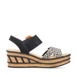 Women Rieker Velcro Strap Wedge Sandal - Black Leopard