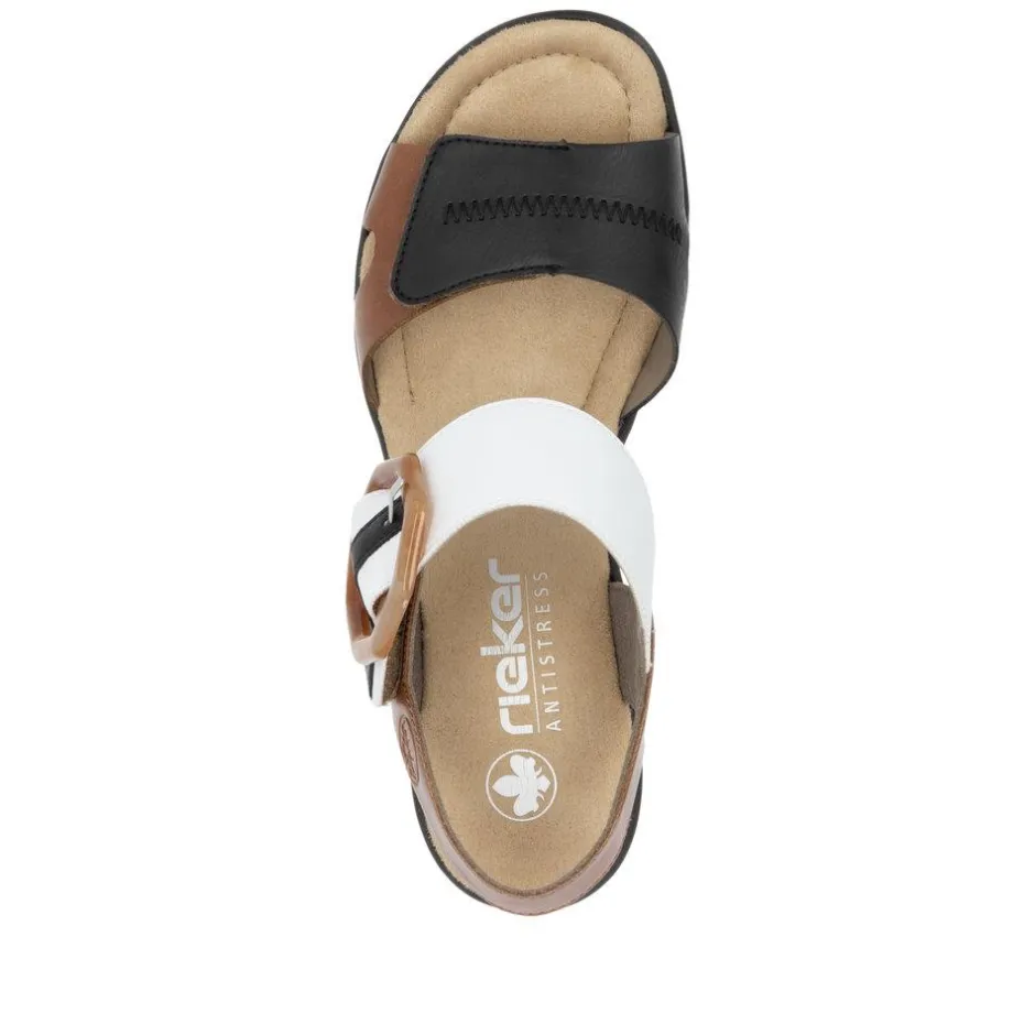 Women Rieker Velcro Strap Wedge Sandal - Tan White Black