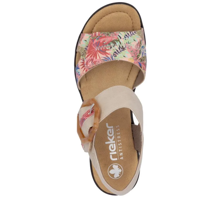 Women Rieker Velcro Strap Wedge Sandal - Taupe Print