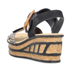 Women Rieker Velcro Strap Wedge Sandal - Black Leopard