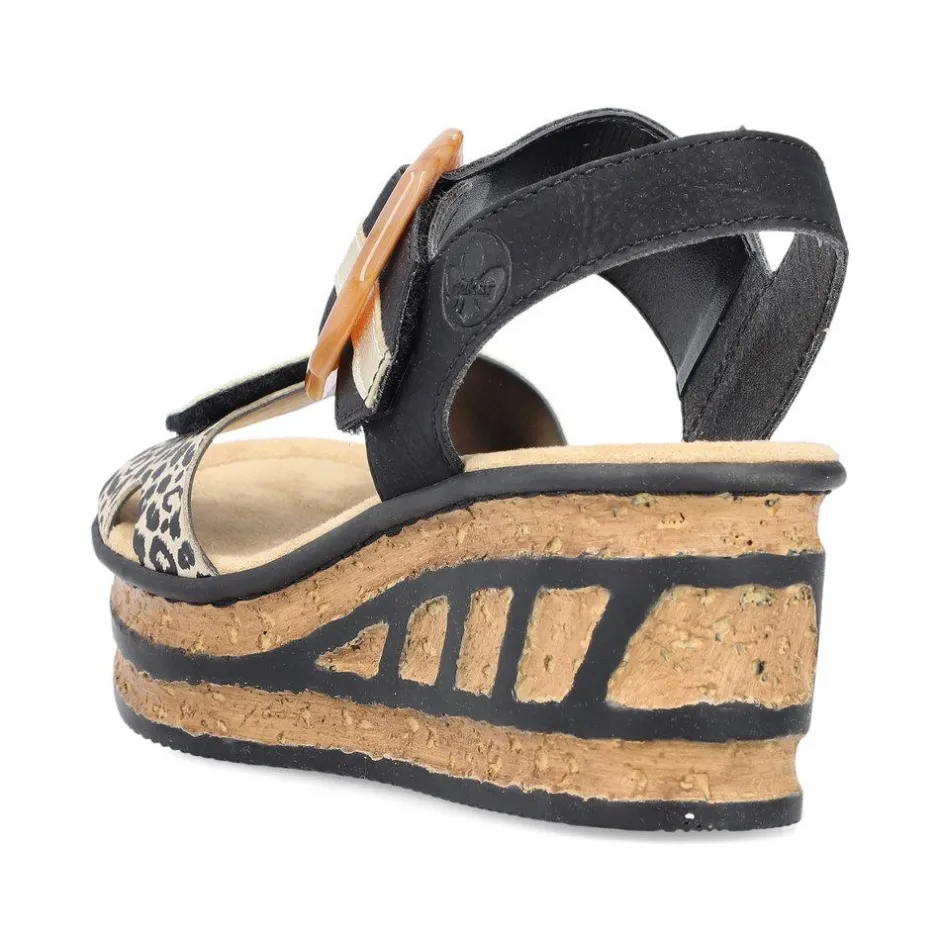 Women Rieker Velcro Strap Wedge Sandal - Black Leopard