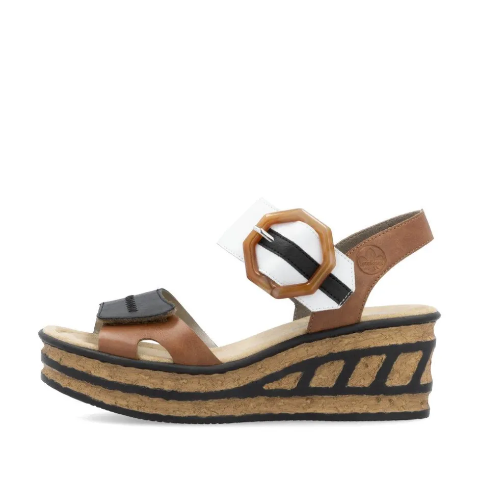 Women Rieker Velcro Strap Wedge Sandal - Tan White Black