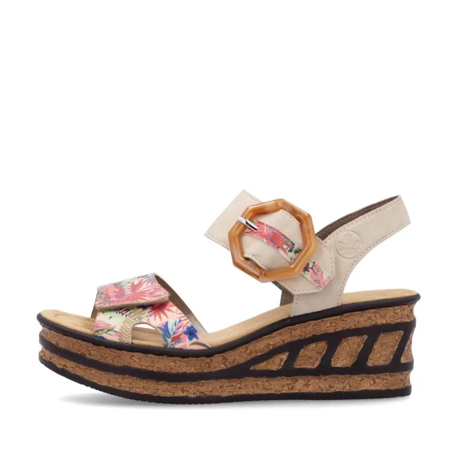 Women Rieker Velcro Strap Wedge Sandal - Taupe Print