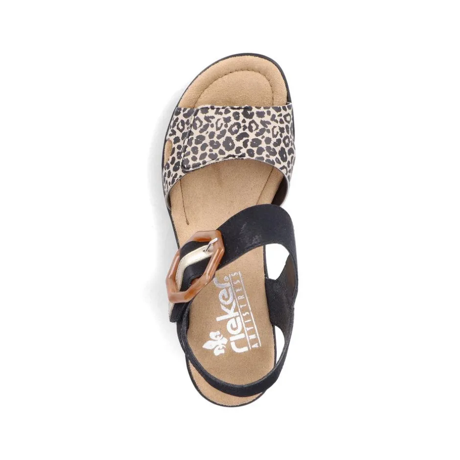 Women Rieker Velcro Strap Wedge Sandal - Black Leopard
