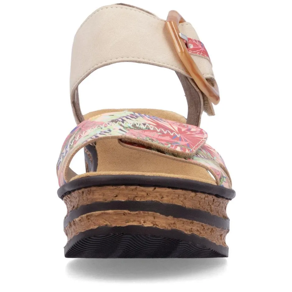 Women Rieker Velcro Strap Wedge Sandal - Taupe Print