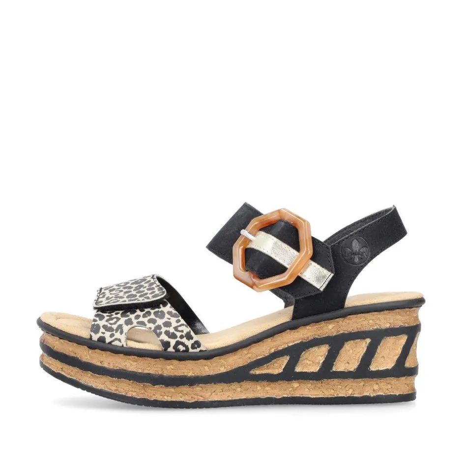 Women Rieker Velcro Strap Wedge Sandal - Black Leopard