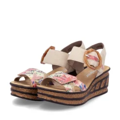 Women Rieker Velcro Strap Wedge Sandal - Taupe Print