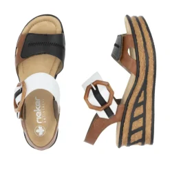 Women Rieker Velcro Strap Wedge Sandal - Tan White Black
