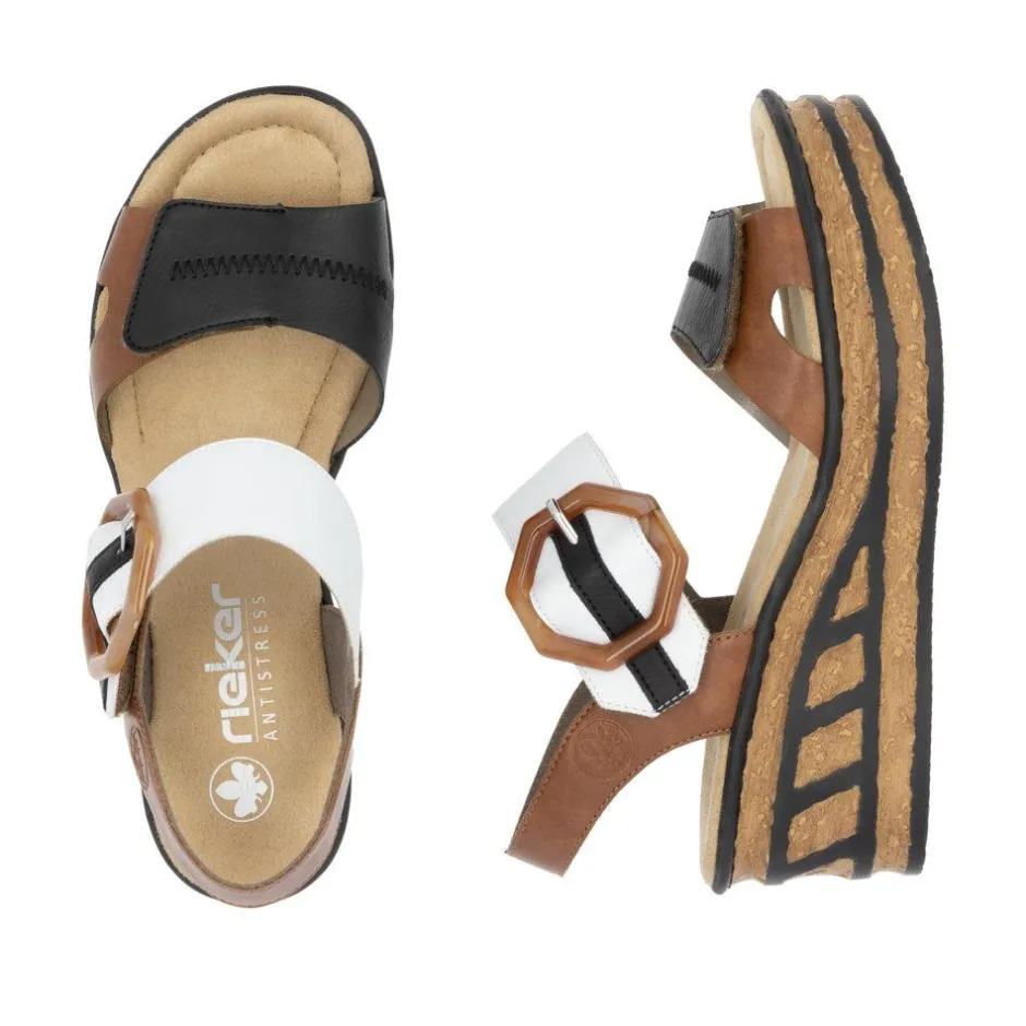 Women Rieker Velcro Strap Wedge Sandal - Tan White Black