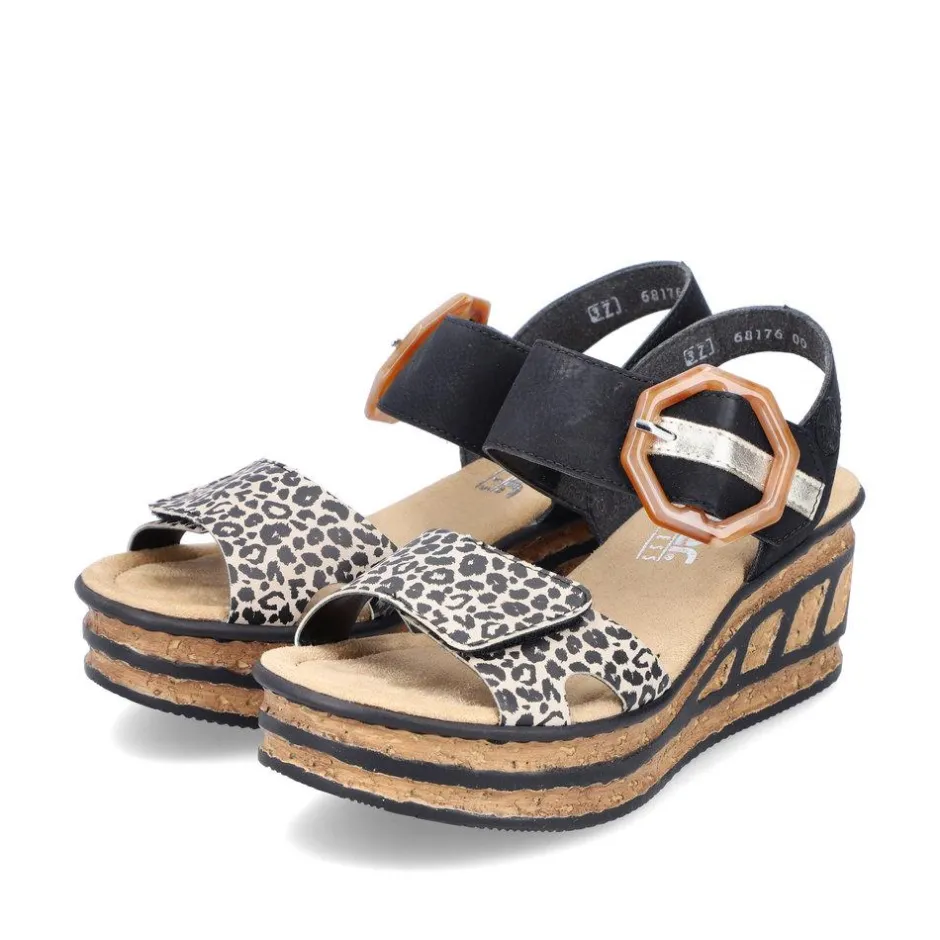 Women Rieker Velcro Strap Wedge Sandal - Black Leopard