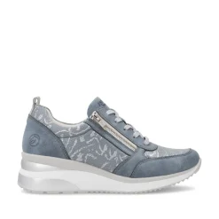 Women Remonte Wedge Laced Trainer Side Zip - Blue Combination