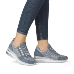 Women Remonte Wedge Laced Trainer Side Zip - Blue Combination