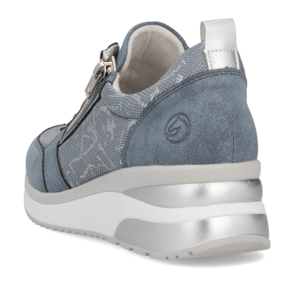 Women Remonte Wedge Laced Trainer Side Zip - Blue Combination