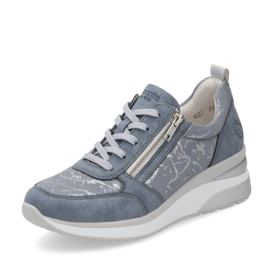 Women Remonte Wedge Laced Trainer Side Zip - Blue Combination