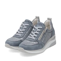 Women Remonte Wedge Laced Trainer Side Zip - Blue Combination
