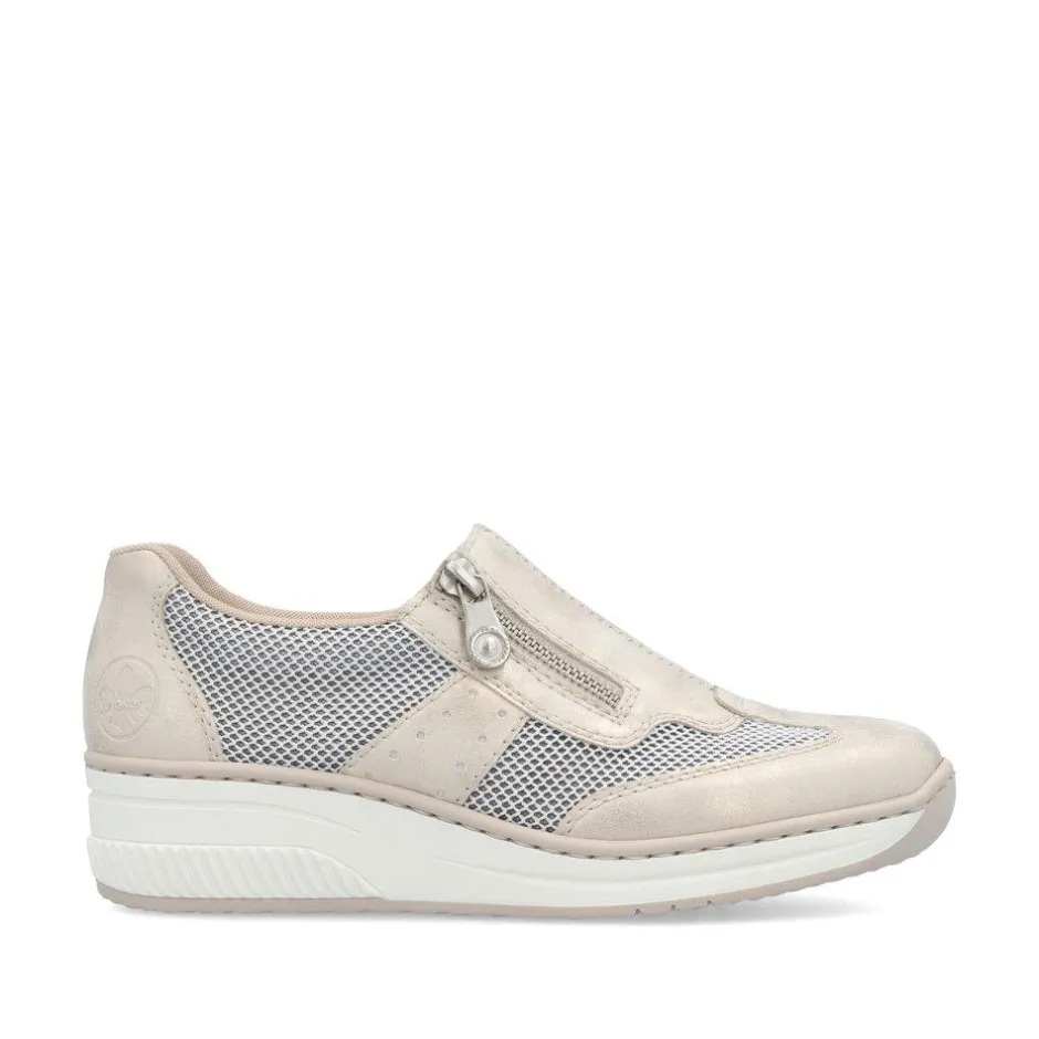 Women Rieker Wedge Mesh Shoe With Side Zip - Beige Metallic