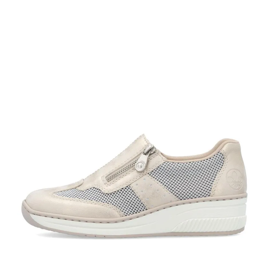 Women Rieker Wedge Mesh Shoe With Side Zip - Beige Metallic