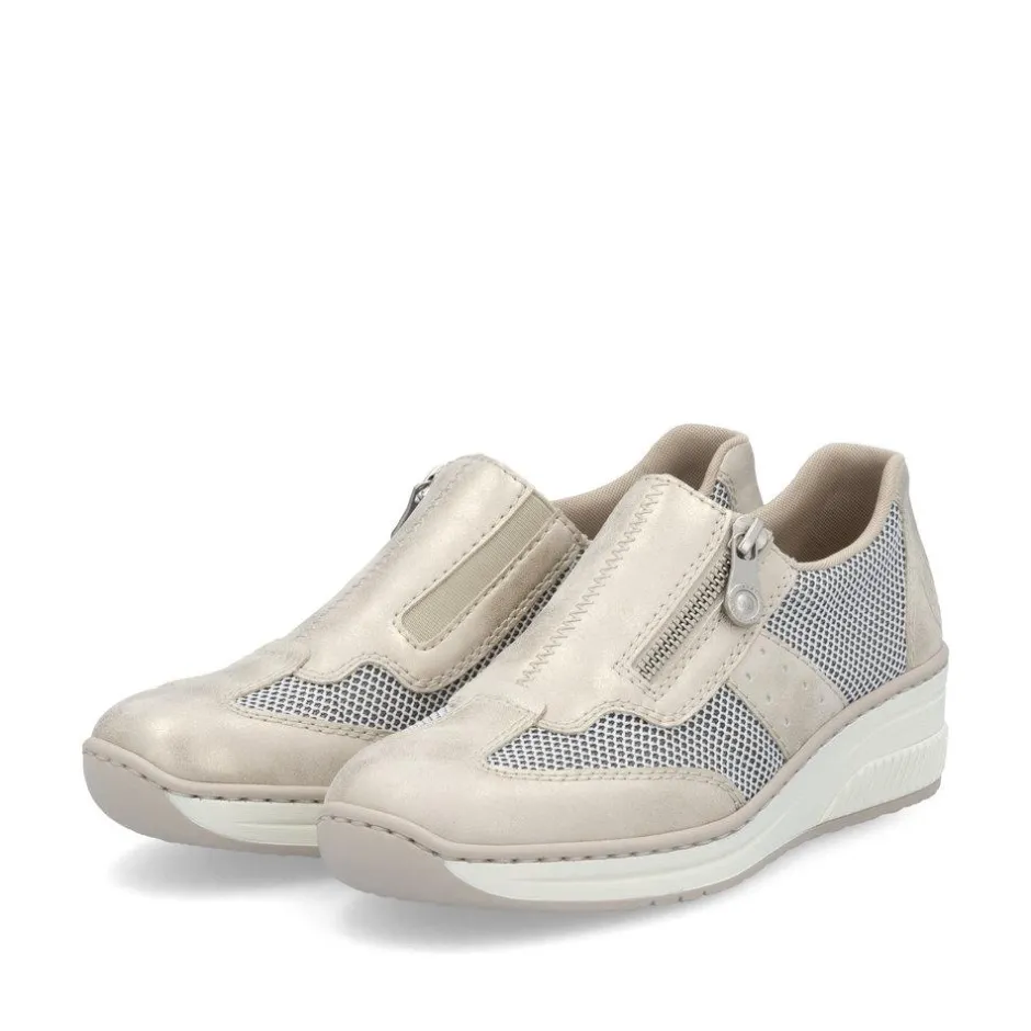 Women Rieker Wedge Mesh Shoe With Side Zip - Beige Metallic
