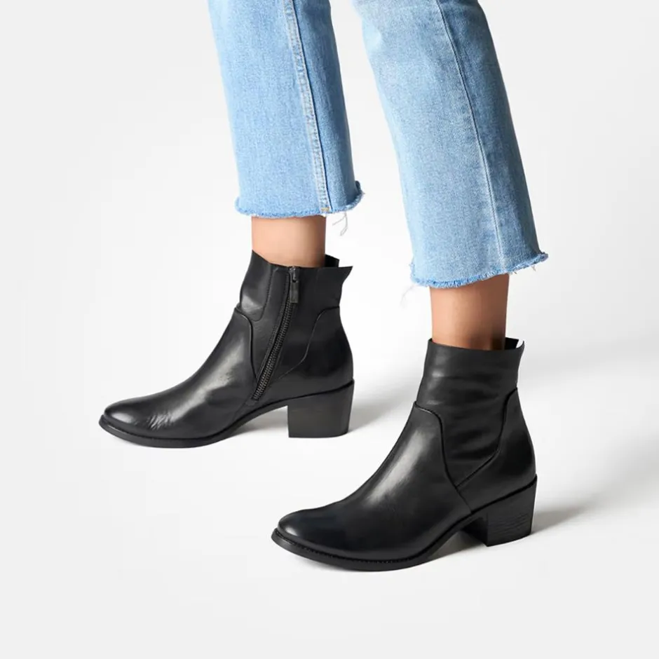 Women Paul Green Western Block Heel Ankle Boot - Black Soft Leather