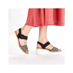 Women Rieker Woven Strap Wedge Sandal - Black Multi