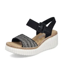Women Rieker Woven Strap Wedge Sandal - Black Multi