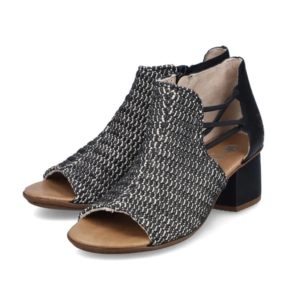 Women Rieker Woven Strappy Block Heel Sandal - Black Combi