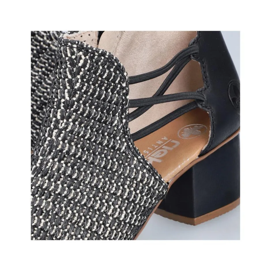 Women Rieker Woven Strappy Block Heel Sandal - Black Combi