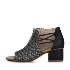 Women Rieker Woven Strappy Block Heel Sandal - Black Combi